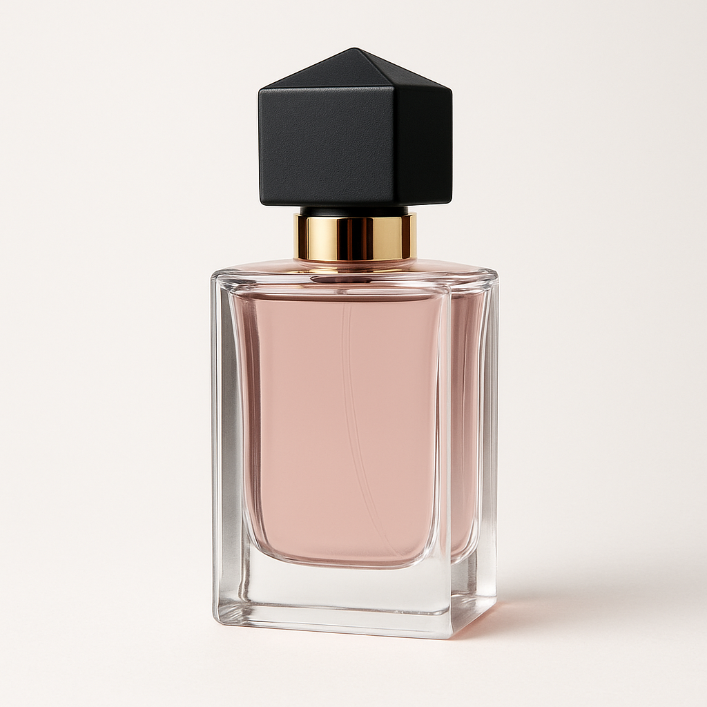 Perfume bottle with a black cap and gold band on a light background